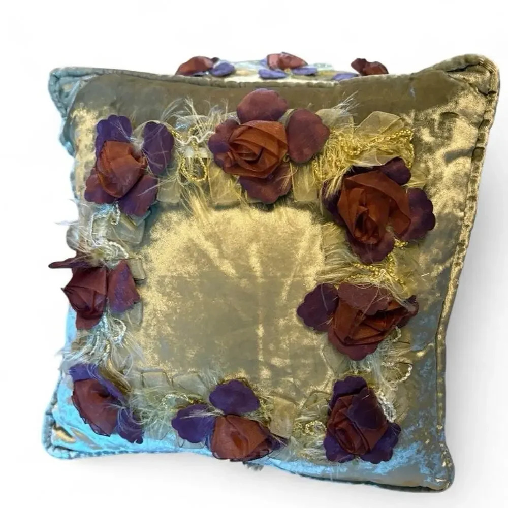 Vintage Decorative Velvet Throw Pillows Pair Floral Ribbon Rose Appliqué (2)